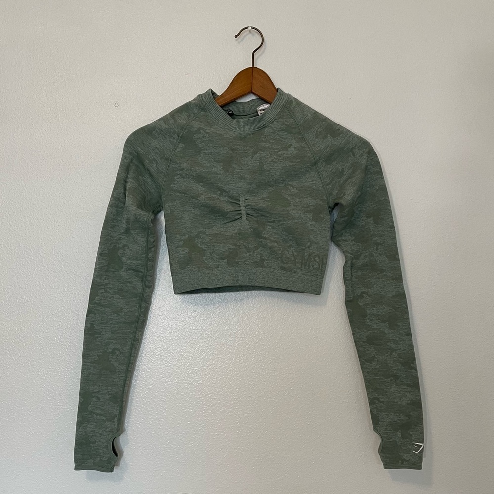 Gymshark Adapt Camo Seamless Sage Green Long Sleeve Crop Top Size S